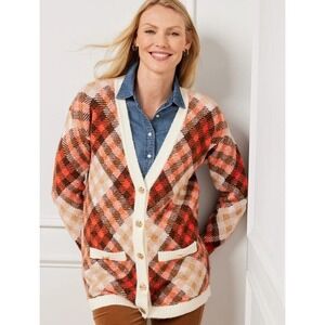 Talbots Womens Cardigan Medium OVERSIZED Plaid Gold Buttons Soft Cozy Warm Layer